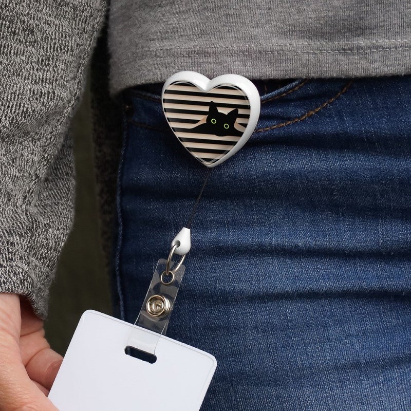 GRAPHICS & MORE Black Cat in Window Heart Lanyard Retractable Reel Badge ID Card Holder - White - Image 2